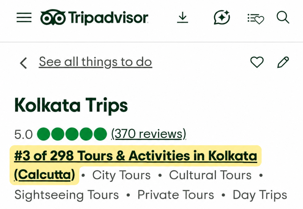 Kolkata Trips Rank 3 of 298 Tours & Activities in Kolkata (Calcutta)1 Kolkata Trips Rank 3 of 298 Tours & Activities in Kolkata (Calcutta)